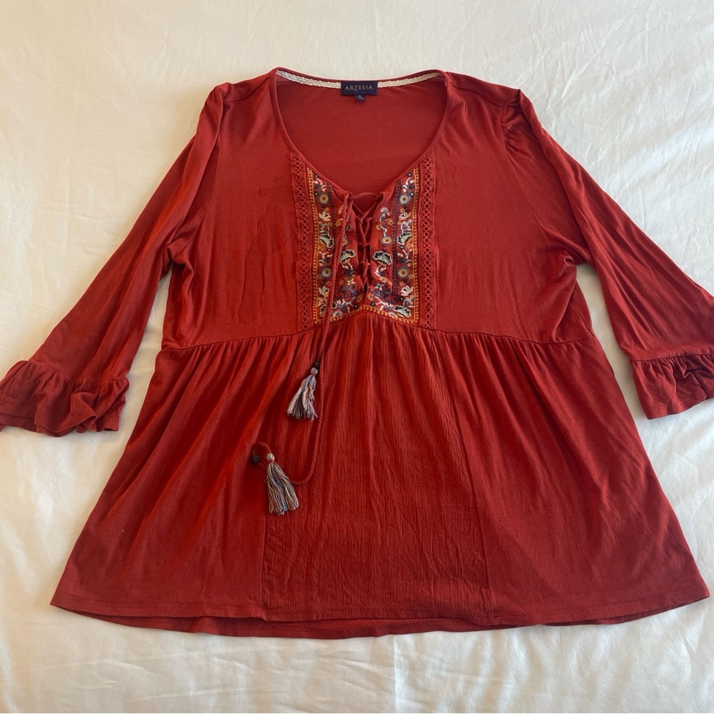 Artesia Women's Embroidered Boho Blouse‎ with Tassels XL